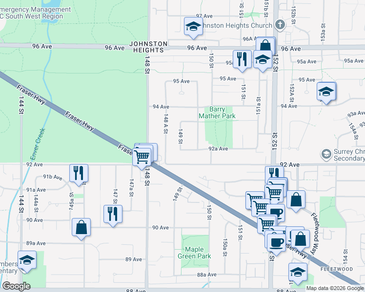 map of restaurants, bars, coffee shops, grocery stores, and more near 9270 149 Street in Surrey