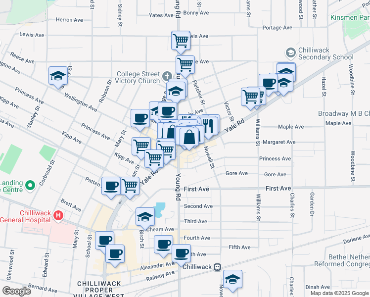 map of restaurants, bars, coffee shops, grocery stores, and more near 45567 Yale Road East in Chilliwack
