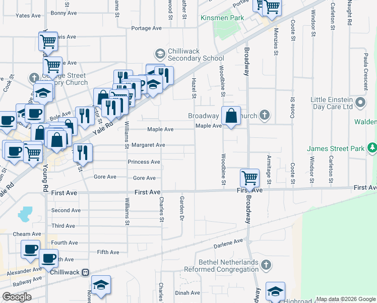 map of restaurants, bars, coffee shops, grocery stores, and more near 46374 Margaret Avenue in Chilliwack