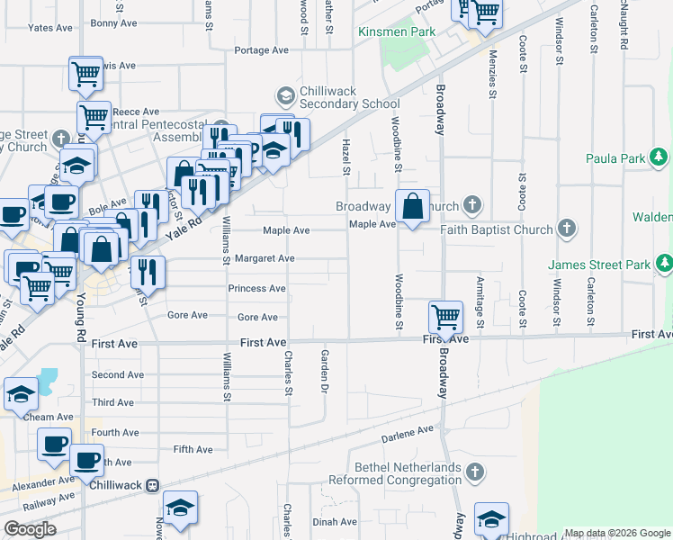 map of restaurants, bars, coffee shops, grocery stores, and more near 46374 Margaret Avenue in Chilliwack