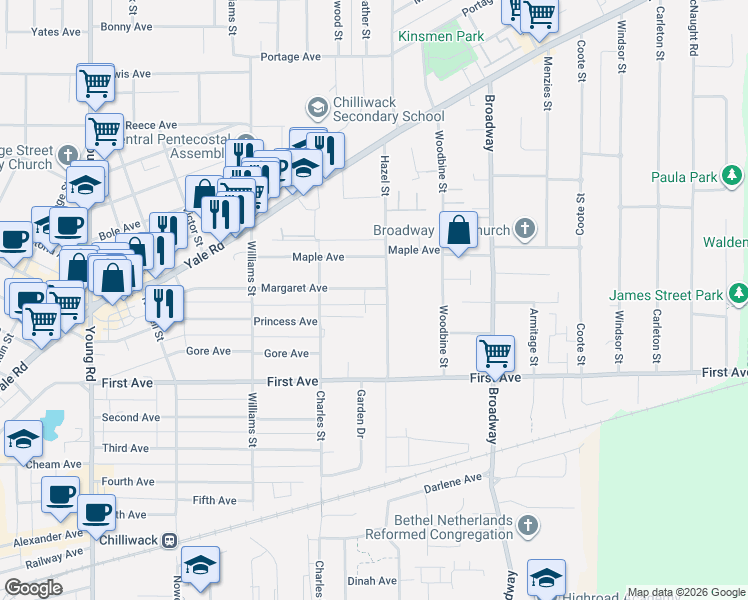 map of restaurants, bars, coffee shops, grocery stores, and more near 46374 Margaret Avenue in Chilliwack