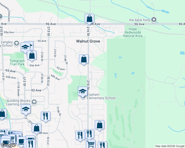 map of restaurants, bars, coffee shops, grocery stores, and more near 21620 93 Avenue in Langley Township