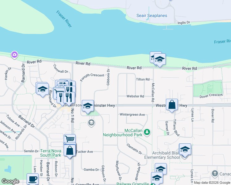 map of restaurants, bars, coffee shops, grocery stores, and more near 5891 Riverdale Drive in Richmond