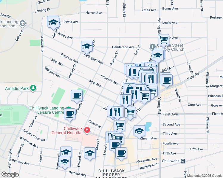 map of restaurants, bars, coffee shops, grocery stores, and more near 45719 Kipp Avenue in Chilliwack