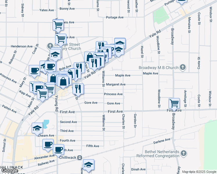 map of restaurants, bars, coffee shops, grocery stores, and more near 46210 Margaret Avenue in Chilliwack