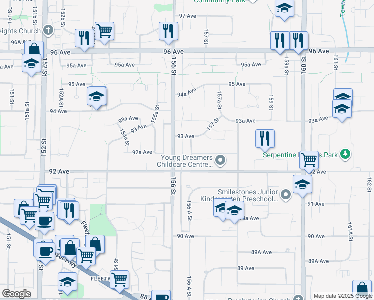 map of restaurants, bars, coffee shops, grocery stores, and more near 9263 156 A Street in Surrey