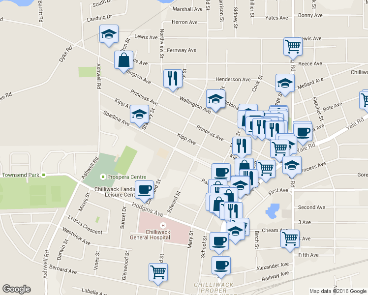 map of restaurants, bars, coffee shops, grocery stores, and more near 45625 Spadina Avenue in Chilliwack