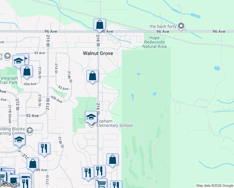 map of restaurants, bars, coffee shops, grocery stores, and more near 21686 93 Avenue in Langley