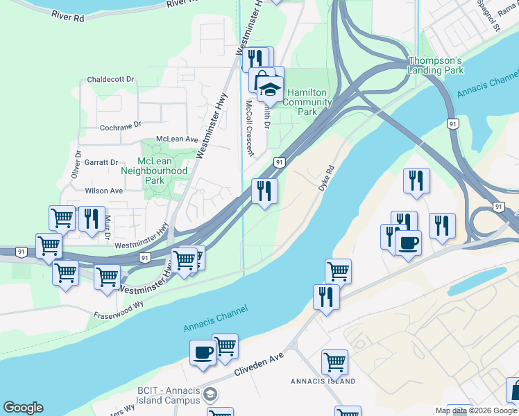 map of restaurants, bars, coffee shops, grocery stores, and more near 23111 Fraserwood Way in Richmond