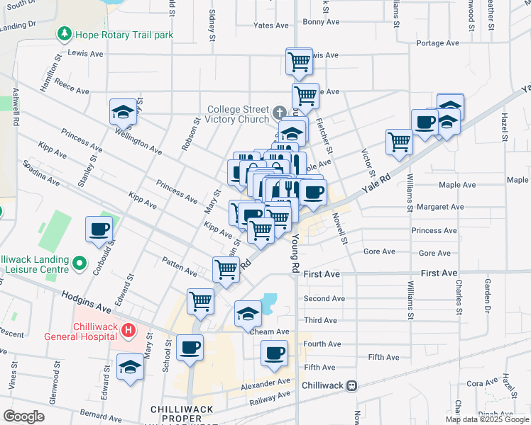 map of restaurants, bars, coffee shops, grocery stores, and more near 45892 Wellington Avenue in Chilliwack