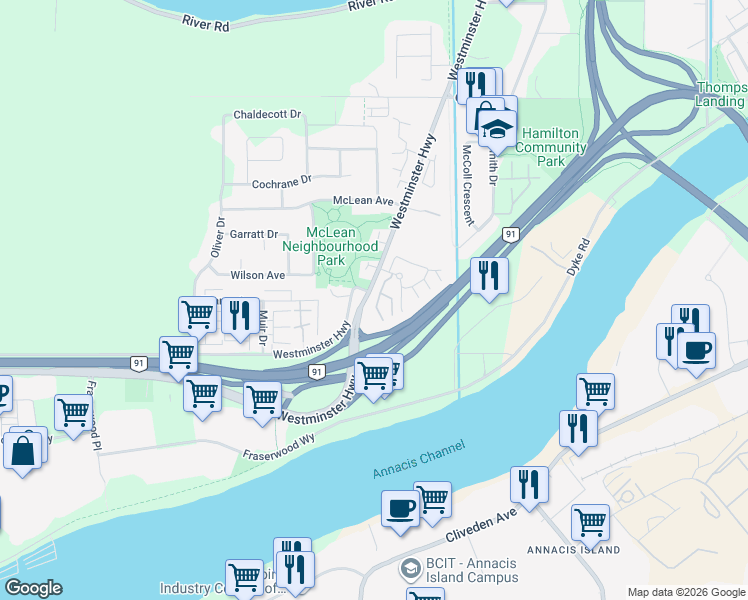 map of restaurants, bars, coffee shops, grocery stores, and more near 22800 Windsor Court in Richmond
