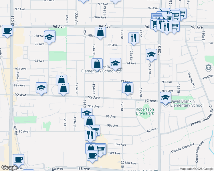 map of restaurants, bars, coffee shops, grocery stores, and more near 9278 125 Street in Surrey