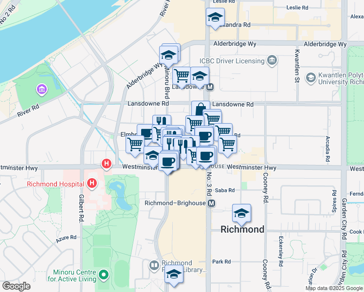 map of restaurants, bars, coffee shops, grocery stores, and more near 7733 Firbridge Way in Richmond