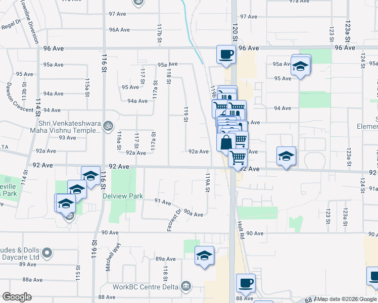 map of restaurants, bars, coffee shops, grocery stores, and more near 11876 92A Avenue in Delta