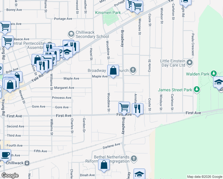 map of restaurants, bars, coffee shops, grocery stores, and more near 9340 Woodbine Street in Chilliwack