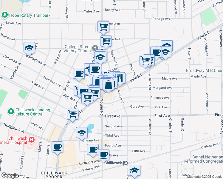 map of restaurants, bars, coffee shops, grocery stores, and more near Yale Road in Chilliwack