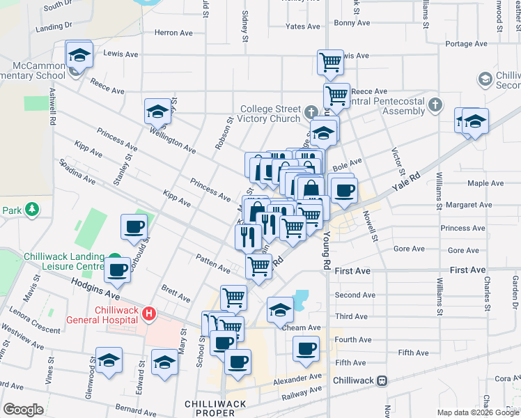 map of restaurants, bars, coffee shops, grocery stores, and more near 45815 Princess Avenue in Chilliwack