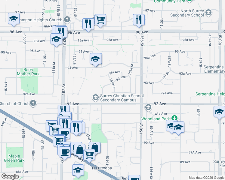 map of restaurants, bars, coffee shops, grocery stores, and more near 15447 92A Avenue in Surrey