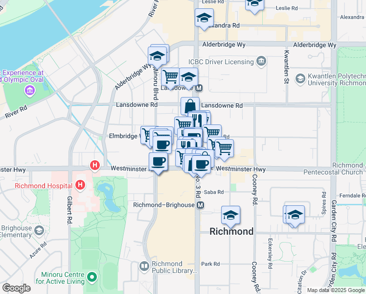 map of restaurants, bars, coffee shops, grocery stores, and more near 5891 Number 3 Road in Richmond