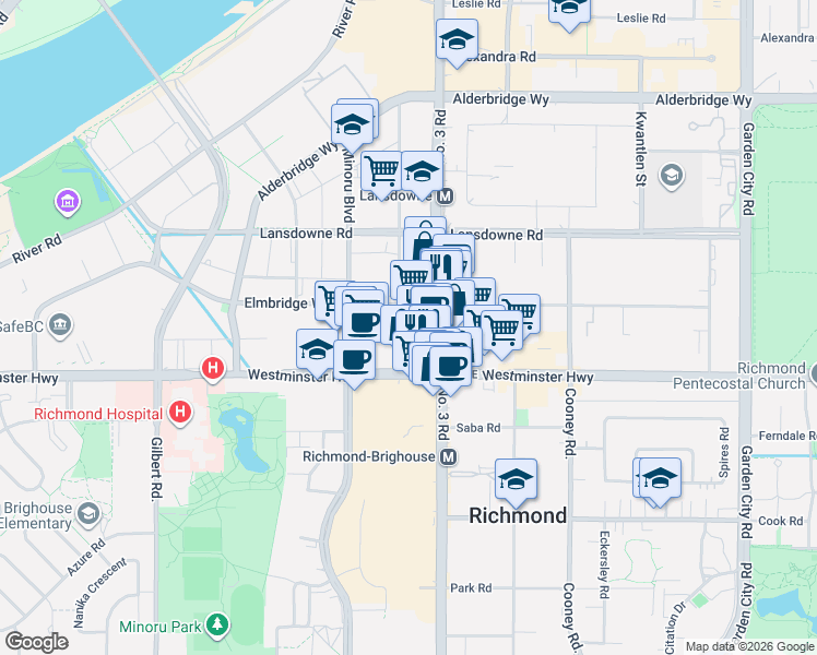 map of restaurants, bars, coffee shops, grocery stores, and more near 7979 Firbridge Way in Richmond