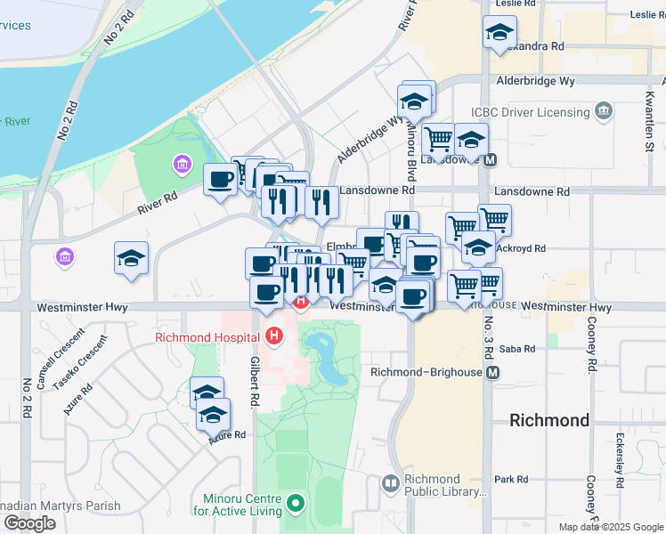 map of restaurants, bars, coffee shops, grocery stores, and more near in Richmond