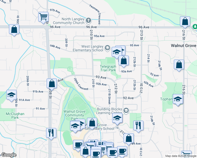 map of restaurants, bars, coffee shops, grocery stores, and more near 9297 211 Street in Langley Township