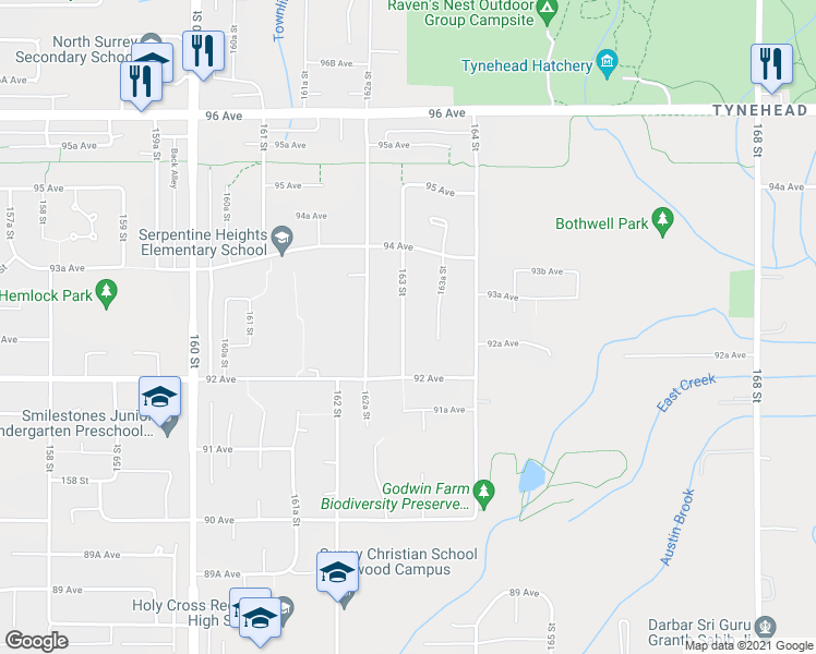 map of restaurants, bars, coffee shops, grocery stores, and more near 9298 163 Street in Surrey