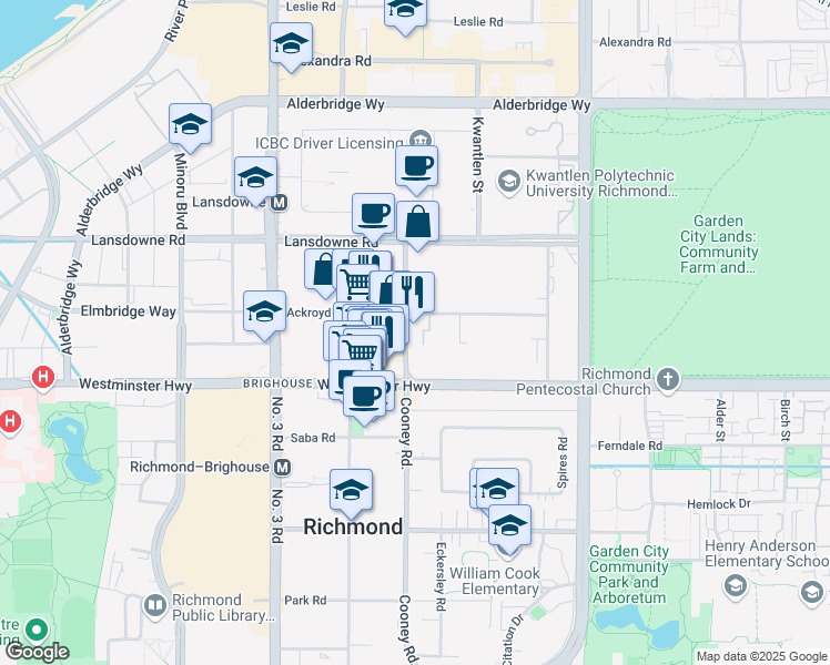 map of restaurants, bars, coffee shops, grocery stores, and more near 8400 Ackroyd Road in Richmond