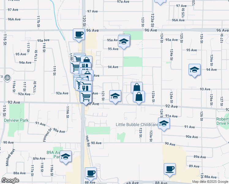 map of restaurants, bars, coffee shops, grocery stores, and more near 9255 122 Street in Surrey