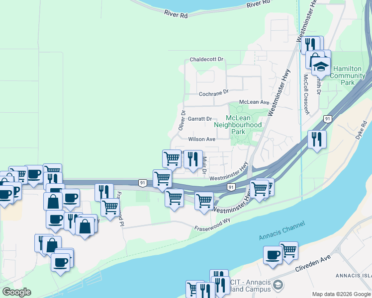 map of restaurants, bars, coffee shops, grocery stores, and more near 22131 Sharpe Avenue in Richmond