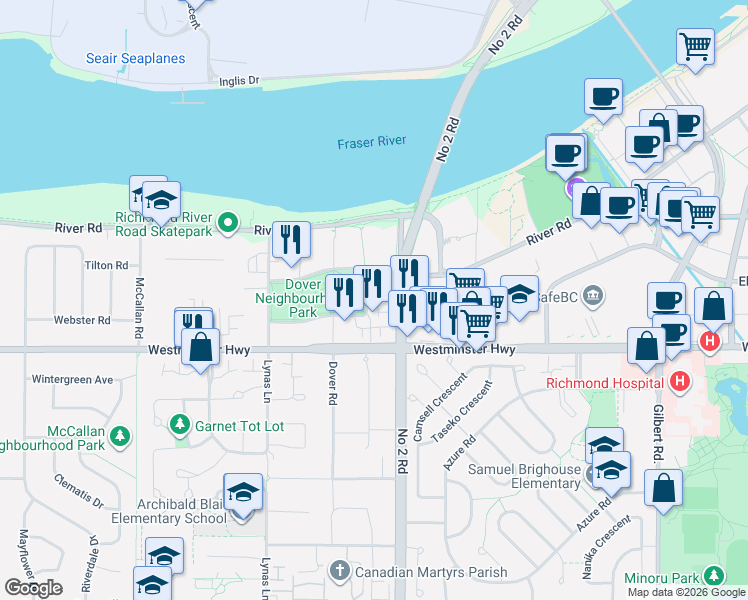 map of restaurants, bars, coffee shops, grocery stores, and more near 5840 Dover Crescent in Richmond