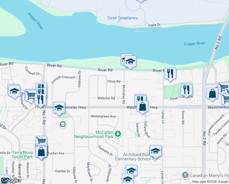 map of restaurants, bars, coffee shops, grocery stores, and more near 5860 Reeves Road in Richmond