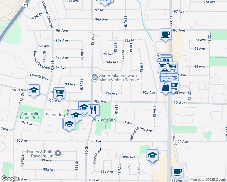 map of restaurants, bars, coffee shops, grocery stores, and more near 9256 117 Street in Delta