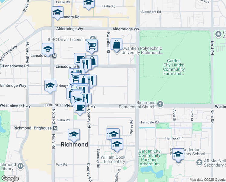 map of restaurants, bars, coffee shops, grocery stores, and more near 8460 Ackroyd Road in Richmond