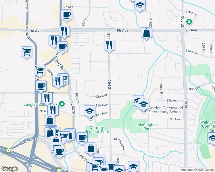 map of restaurants, bars, coffee shops, grocery stores, and more near 9289 204 Street in Langley