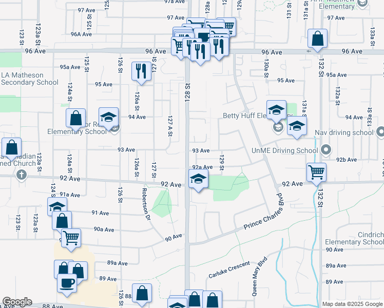 map of restaurants, bars, coffee shops, grocery stores, and more near 9290 128 Street in Surrey