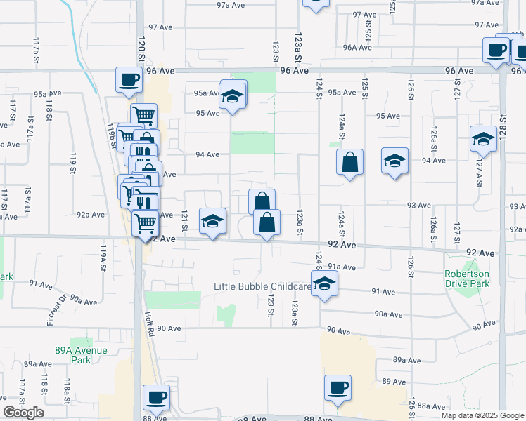 map of restaurants, bars, coffee shops, grocery stores, and more near 9270 122 Street in Surrey