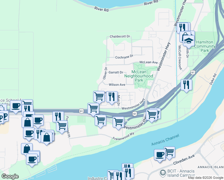 map of restaurants, bars, coffee shops, grocery stores, and more near 22173 Sharpe Avenue in Richmond
