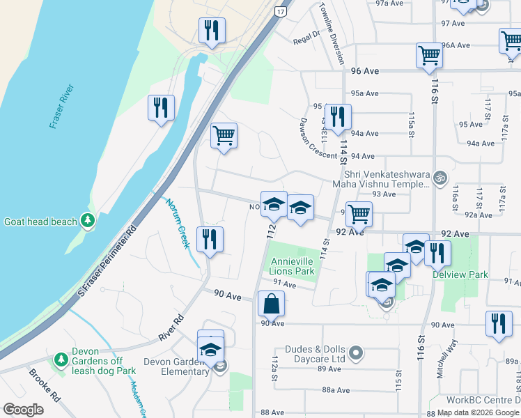 map of restaurants, bars, coffee shops, grocery stores, and more near 11214 92A Avenue in Delta