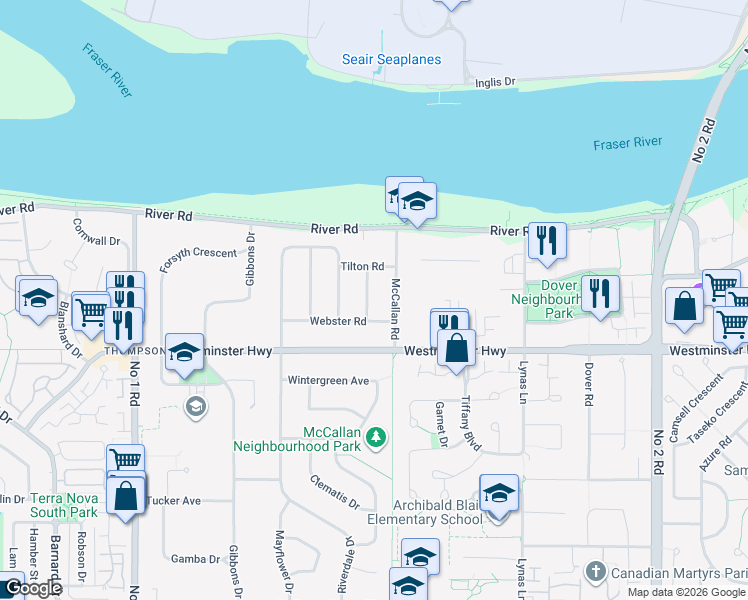 map of restaurants, bars, coffee shops, grocery stores, and more near 5860 Reeves Road in Richmond