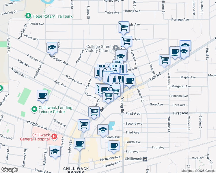 map of restaurants, bars, coffee shops, grocery stores, and more near 45892 Wellington Avenue in Chilliwack