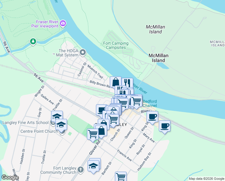 map of restaurants, bars, coffee shops, grocery stores, and more near 23230 Billy Brown Road in Langley Township