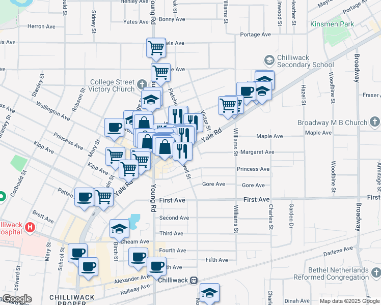 map of restaurants, bars, coffee shops, grocery stores, and more near 46230 Yale Road in Chilliwack