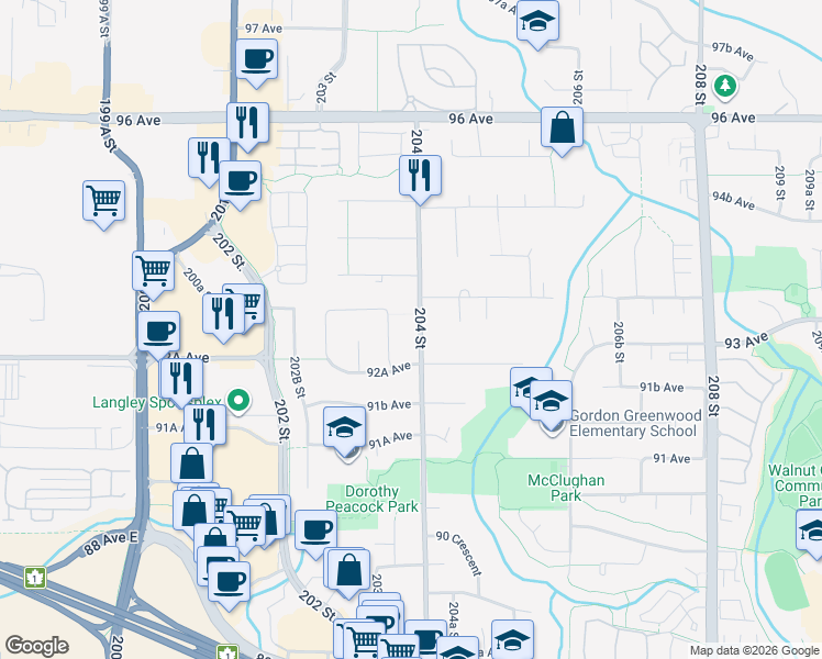 map of restaurants, bars, coffee shops, grocery stores, and more near 9289 204 Street in Langley Township