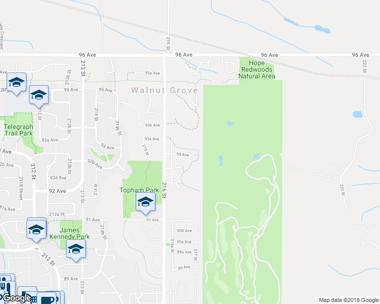 map of restaurants, bars, coffee shops, grocery stores, and more near 21673 93 Avenue in Langley