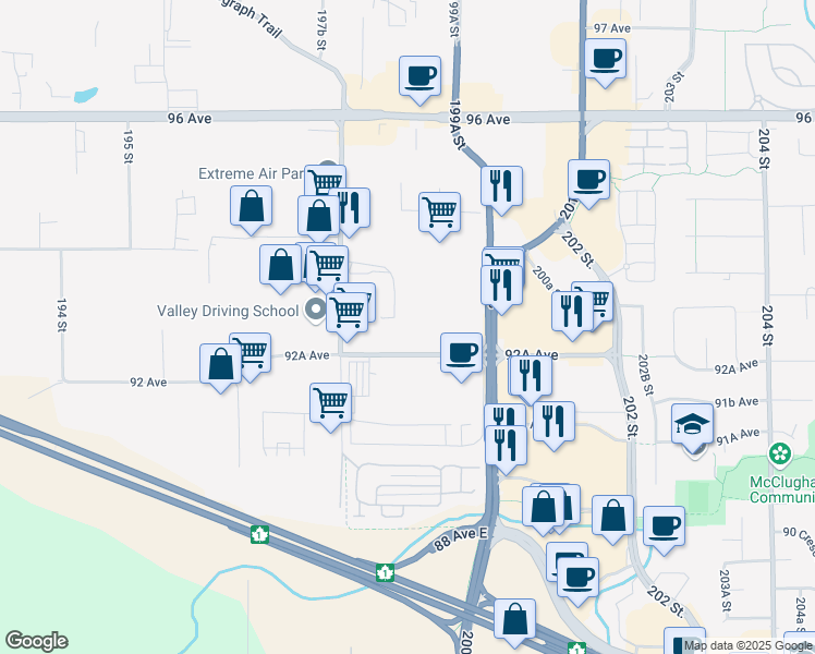 map of restaurants, bars, coffee shops, grocery stores, and more near 9325 200 Street in Langley