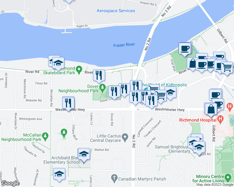 map of restaurants, bars, coffee shops, grocery stores, and more near 5811 Dover Crescent in Richmond