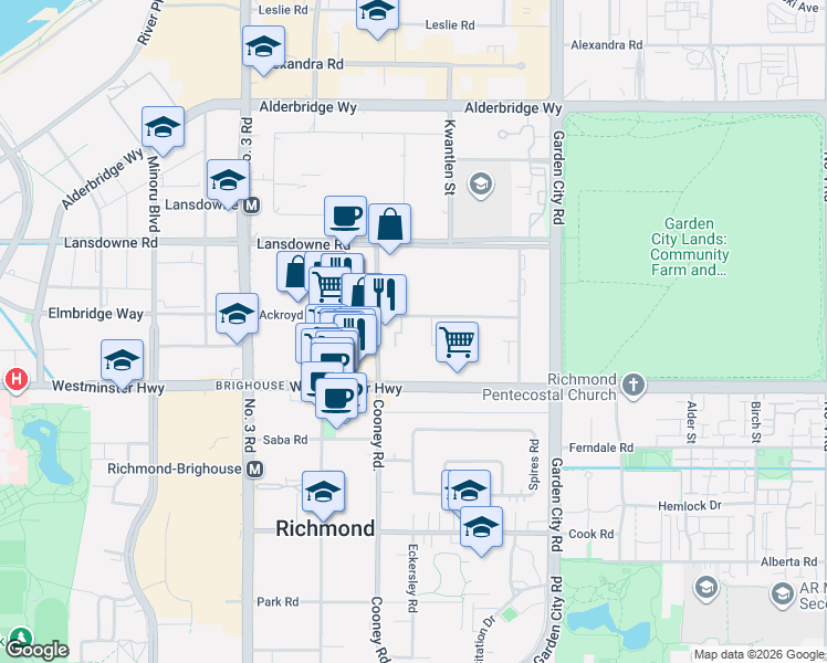 map of restaurants, bars, coffee shops, grocery stores, and more near 8460 Ackroyd Road in Richmond