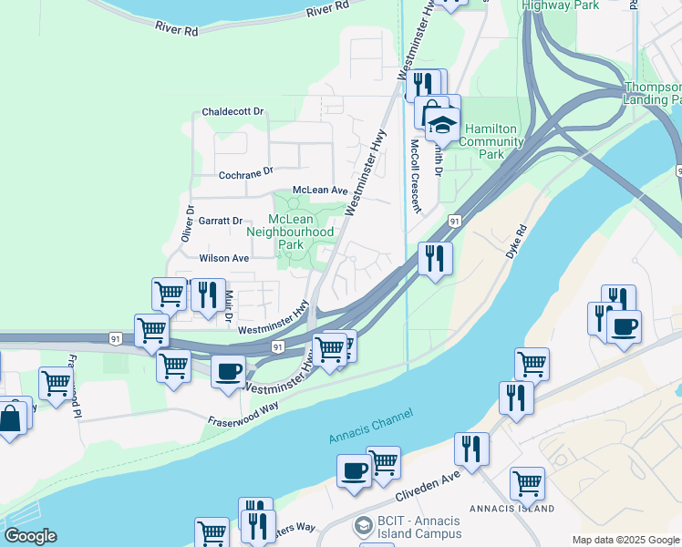 map of restaurants, bars, coffee shops, grocery stores, and more near 22800 Windsor Court in Richmond