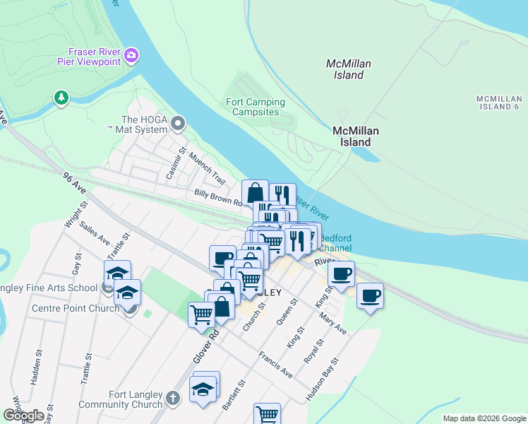 map of restaurants, bars, coffee shops, grocery stores, and more near 23285 Billy Brown Road in Langley Township